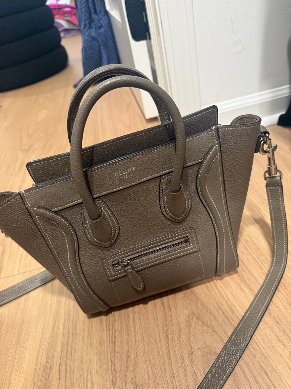 Celine Taupe Pebbled Leather Mini Luggage Tote